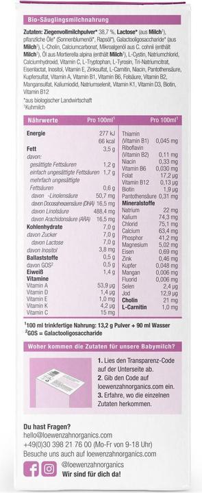 Nährwerte und Zutaten Löwenzahn Organics Anfangsmilch (500 g, ab Geburt)