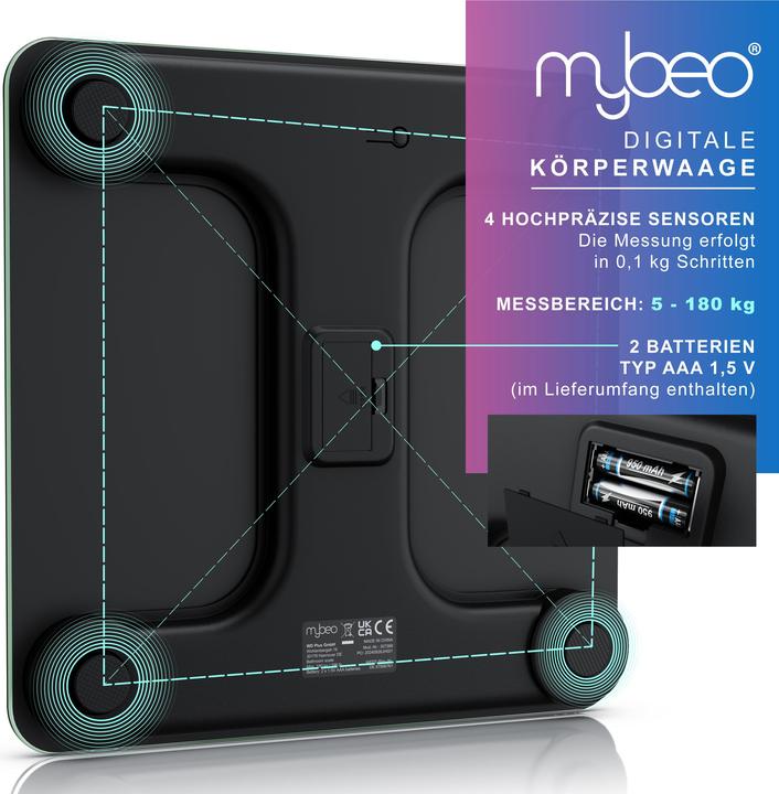 Produktbild Mybeo Digitale Waage für Personen, Digitalwaage, Personenwaage, grosse Trittfläche aus 6mm Sicherheitsglas (180 kg)