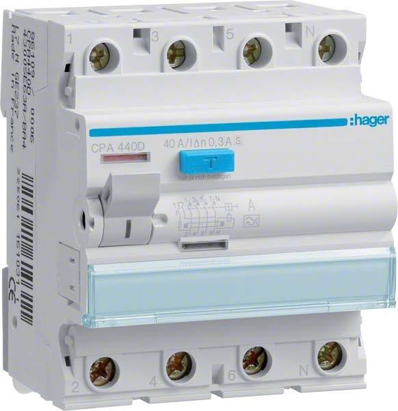 Hager FI-Schutzschalter A 4p 400V 40A 0.3A 4TE REG DIN-Schiene