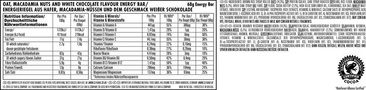 Valeurs nutritives et ingrédients Clif Bar Noix de macadamia au chocolat blanc (Macadamia, Chocolat blanc, 1 pcs, 68 g)
