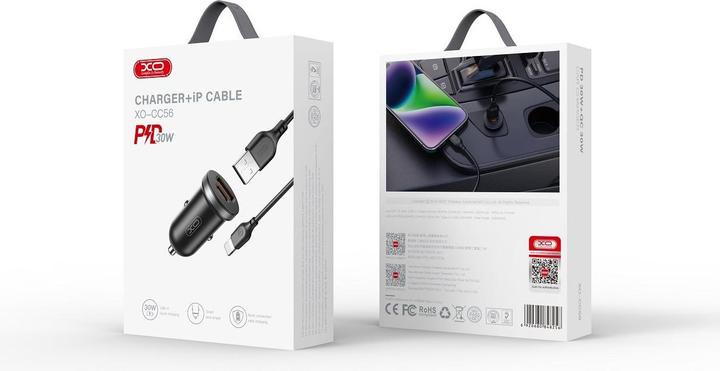 Produktbild xO Kfz-Ladegerät CC56 PD 30W QC 1x USB 1x USB-C schwarz + USB - Lightning Kabel