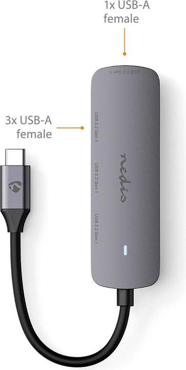 Immagine prodotto Nedis Hub USB 1x USB-C™ - 4x USB A, 4 porte, USB 3.2 Gen1, alimentato via USB, 5 Gbps (USB-C, 4 Porti)