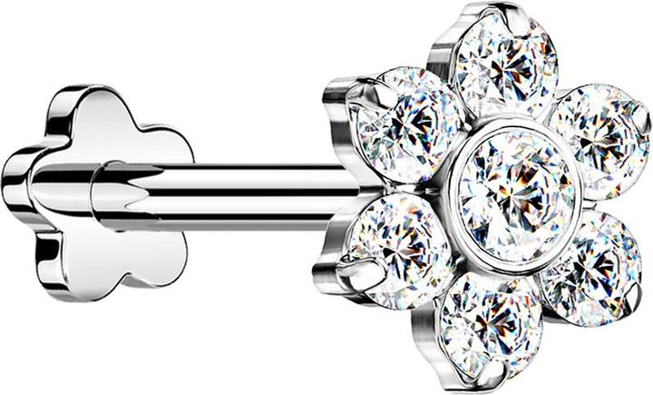 Star Piercing Micro Threadless Labret Blume silber Blume Kristalle silber (ohne Messing, Titan G23)