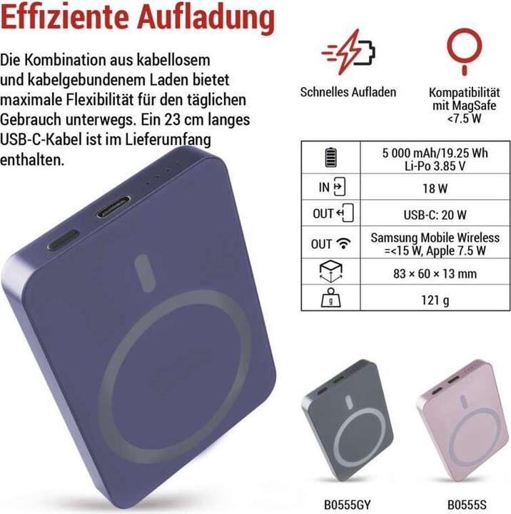 Actual product image Emos Powerbank WI 522, 5 000 mAh, 20 W+Wireless, blau (5000 mAh, 20 W, 19.25 Wh)
