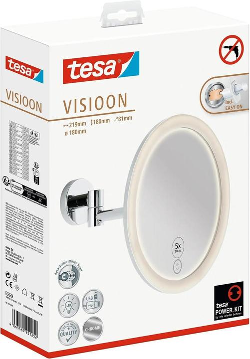 Produktbild tesa VISIOON LED-Kosmetikspiegel mit Beleuchtung, 5-fach-Vergröss. - Wandmontage ohne Bohren, Chrom (8 x 22 x 18 cm)