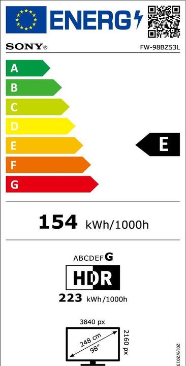Energy Label Sony 98" Pro LCD 780nit Haze w/5yr PS (3840 x 2160 Pixels, 98")