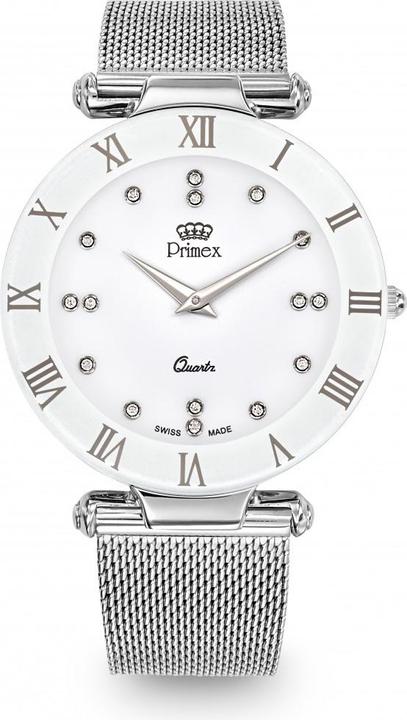 Image du produit Primex Montre Dame Swiss Made Bracelet Metal Argente Cadran Blanc Etanche 30 M Grande (Montre analogique, 40 mm)