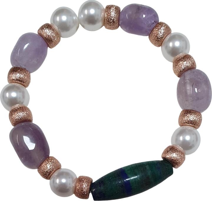 Actual product image L'Officiel Bracciale elastico pietre ametista perle e verde