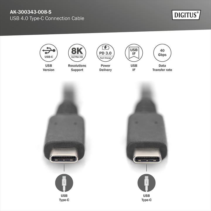 Produktbild Digitus USB 4.0 Typ-C Anschlusskabel (0.80 m, USB 4.0, 100 W)