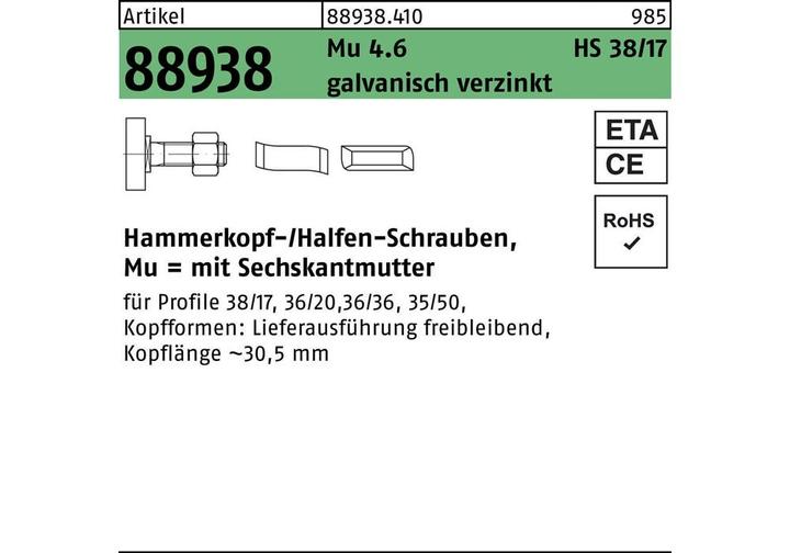 Immagine prodotto Halfen Bullone con testa a martello R 88938 tipo 38/17 dado esagonale M 16 x 125 Mu 4,6 elettrozincato (25 Viti per pezzo)