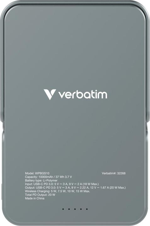 Produktbild Verbatim Charge ‘n’ Go Power Bank with Stand Magnetic Wireless 10000mAh - Grey (10000 mAh, 20 W, 37 Wh)