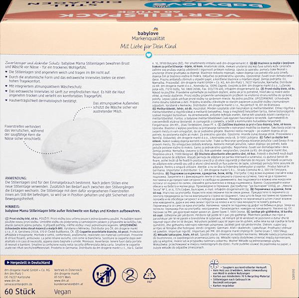 Nährwerte und Zutaten dm babylove Stilleinlagen (60 x)