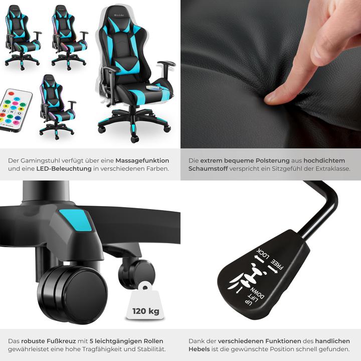 Image du produit tectake Chaise de gaming TARTAROS avec fonction massage et LED