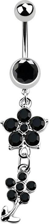 Star Piercing Banane silber mit Anhänger zwei Kristallblumen schwarz (Chirurgenstahl 316L)