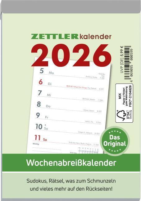 Image du produit Wochenabreisskalender 2025 - 10,5x14,6 cm - 1 Woche auf 1 Seite - mit Sudokus, Rezepten, Rätseln (Couverture rigide, Allemand)