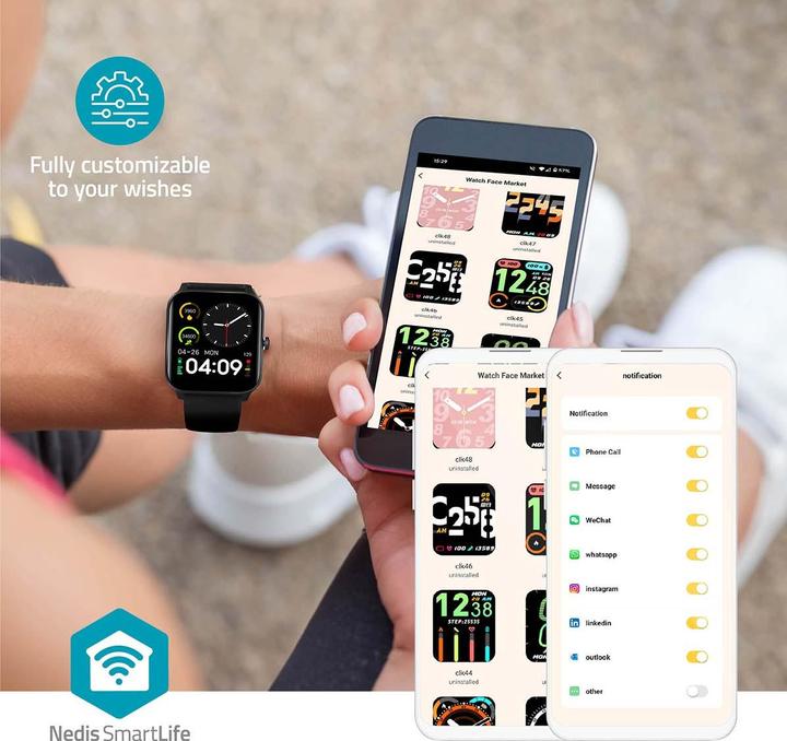 Actual product image Nedis SmartLife watch | LCD | IP68 | Maximum operating time: 14400 min | Android™ / IOS | Black (41 mm)