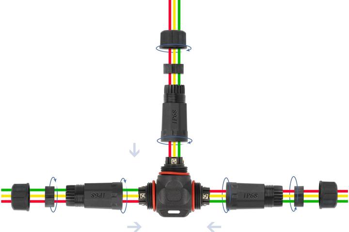 Actual product image Delock Cable connector T-shape for outdoor use 3 pin, IP68 waterproof, screwable, cable diameter 4,5