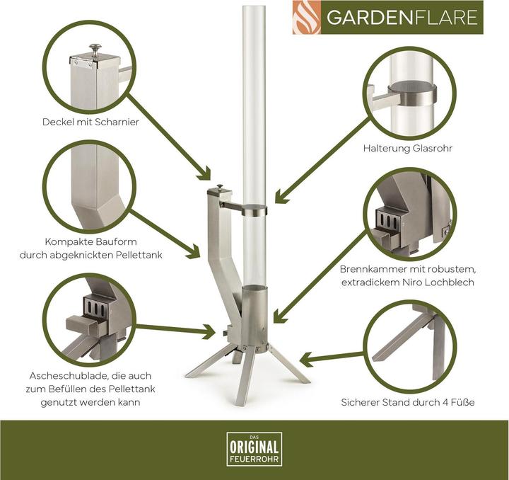 Actual product image Gardenflare Feuerrohr – elegante Edelstahl Feuersäule und Pelletfackel - silber (106 cm)