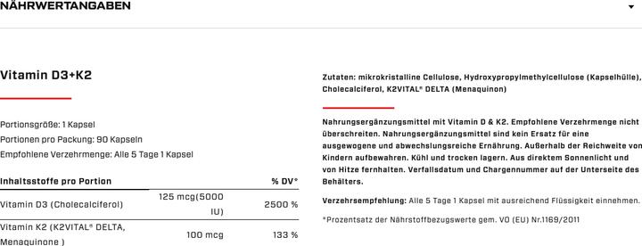 Nutritional values and ingredients Vast Vitamin D3 + K2 (1 Piece, Capsules, 55 g)