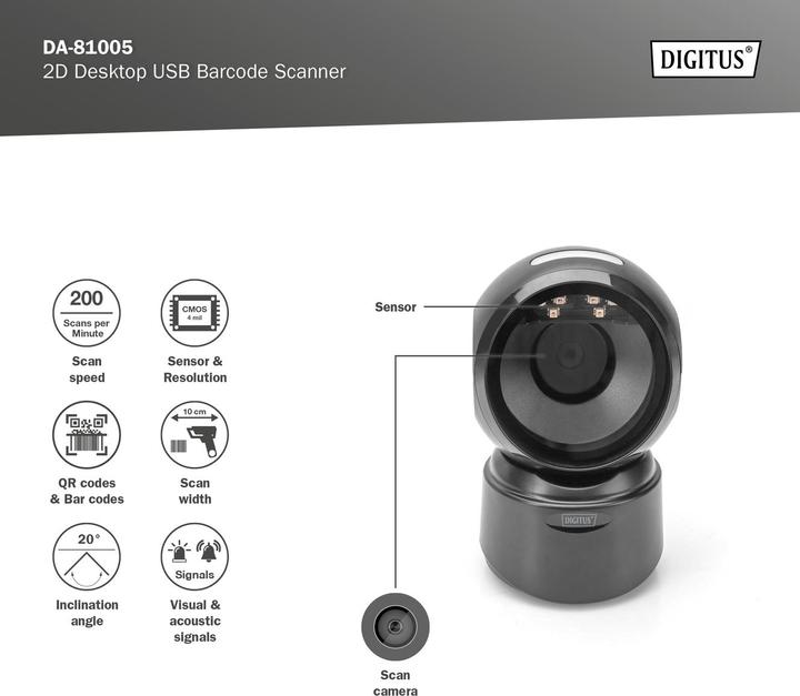 Immagine prodotto Digitus Scanner di codici a barre 1D 2D Desktop (Codici a barre 2D)