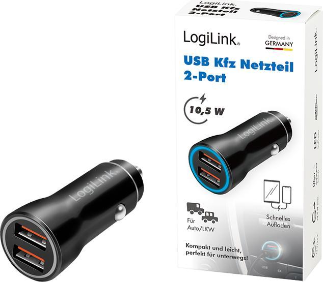 Immagine prodotto LogiLink Alimentatore USB per auto, 2x USB-A, 10,5 W, nero