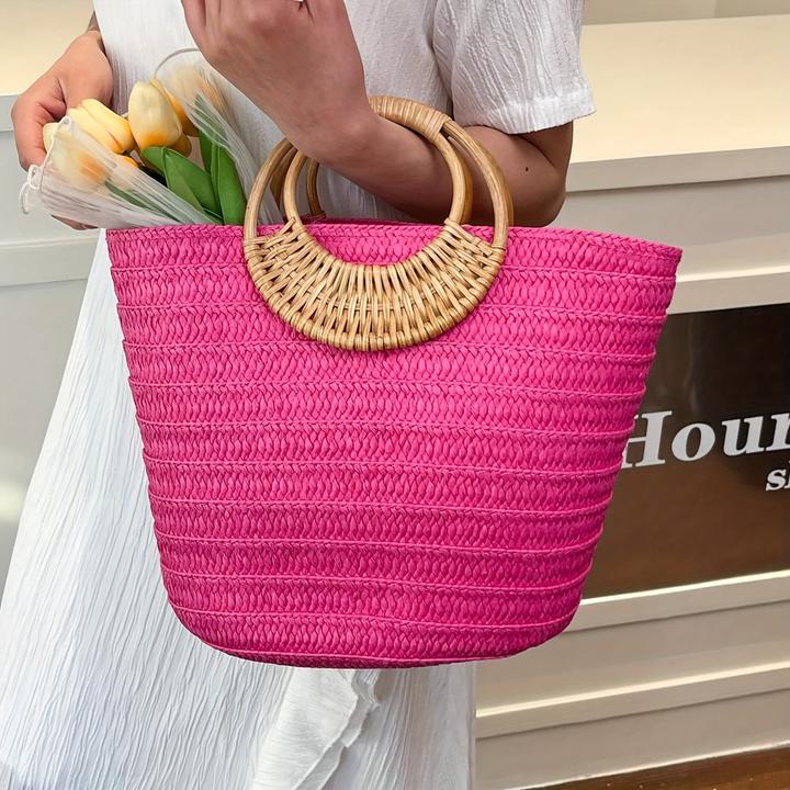 Actual product image Only-Bags.Store 1pc hohe Qualität, Sommer-Stil grosse Kapazität einfache Farbe gewebt Stroh runden Griff Strand