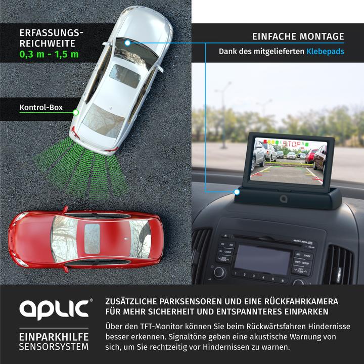 Produktbild Aplic Rückfahrkamera, Einparkhilfe mit 4x Parksensoren, Kamera & 4,3" Monitor mit Nachtsicht