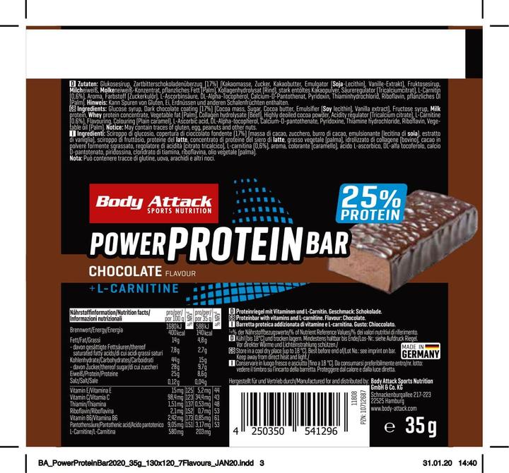 Produktbild Body Attack Power Protein Bar (24x35g Riegel) (Vanille, Stracciatella, 24 Stk., 840 g)