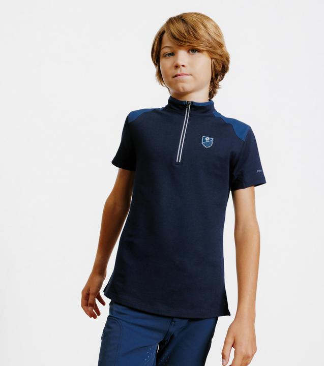 Fouganza Reit-Poloshirt Kinder Reissverschluss kurzarm - 500 dunkelblau