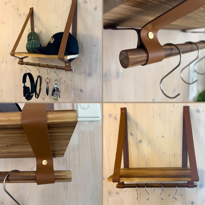 Produktbild Hermex Wandregal mit Lederbändern und Holzstab Dekoregal Hängeregal