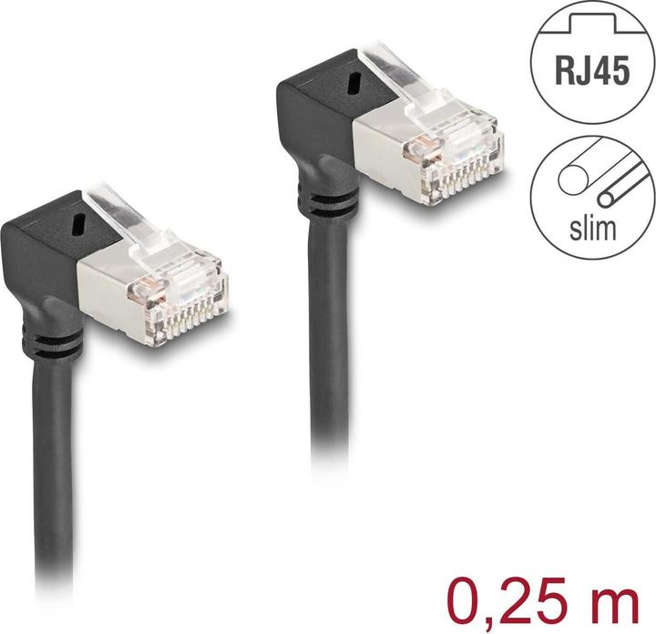Actual product image Delock RJ45 network cable Cat.6A S/FTP Slim 90° bottom / bottom (S/FTP, CAT6a, 0.25 m)