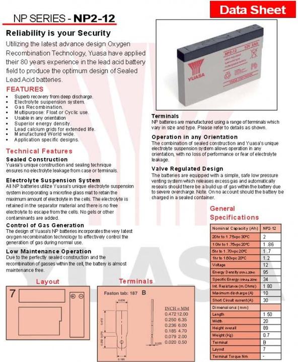 Valeurs nutritives et ingrédients Yuasa Akku NP2-12 (12 V, 2 Ah)