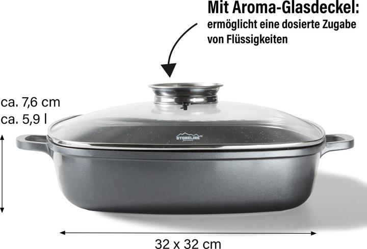 Produktbild Stoneline Eckpfanne 32x32 cm mit Aroma Glasdeckel, Pfanne rechteckig, Backofen, Induktion geeignet (32 cm, Pfannenset + Topfset, Aluminium)