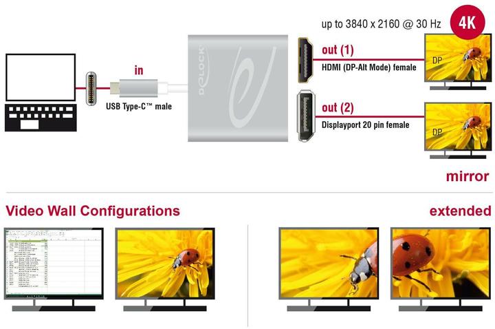 Actual product image Delock Monitor Splitter USB Type-C to HDMI & DP (DP, HDMI, 7.30 cm)