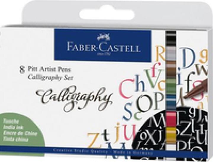 Faber-Castell Penne a inchiostro Pitt Artist Pen Calligrafia 8 colori (Nero, Marrone, Verde, Bianco, Giallo, Rosa, Argento, Pink, Blu, 8 x)