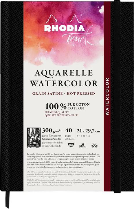 Image du produit Rhodia Touch Watercolor Book, papier 100% coton grain satiné 300g - A4 portrait, 40 pages - Noir (300 g/m², 100 x)