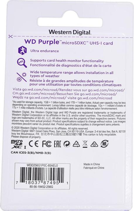 Immagine prodotto WD Viola, Sorveglianza, microSD XC, Classe - 10, UHS 1 (256 GB, microSDXC, U1, UHS-I)