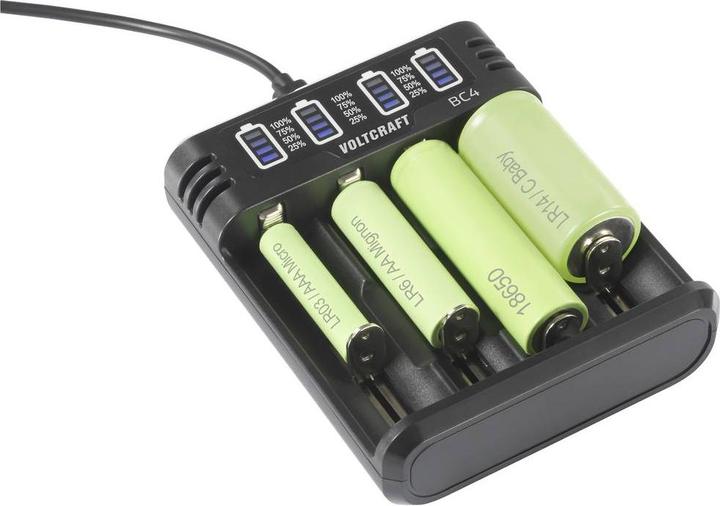 Actual product image Voltcraft BC4 round cell charger LiIon, NiMH Mignon (AA), Micro (AAA), Baby (C (1 pcs., 10440, 16340, 17335, 17500, 17670, 18490, 18650, 21700, 22650, 26500, 26650, AAA, RCR123A, AA, Sub-C, Chargers without battery)
