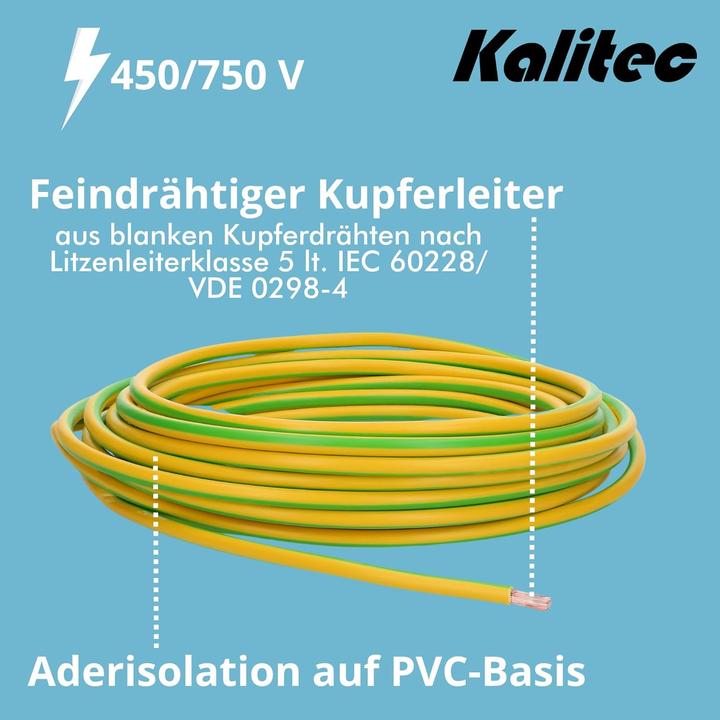 Produktbild Kalitec 10 Meter H07V-K 1,5 mm² grün-gelb Verdrahtungsleitung I Aderleitung flexibel I PVC Einzelade (10 m)