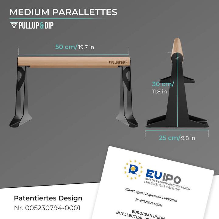 Produktbild Pullup & Dip Hochwertige Holz Parallettes mit ergonomischem Holzgriff und Blech Fen, low oder medium Ausfhrung