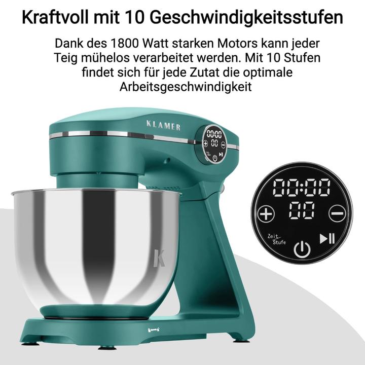 Produktbild KLAMER Küchenmaschine, Knetmaschine mit 6 Liter Edelstahl Schüssel (1800 W)