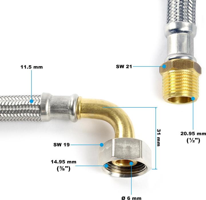Produktbild XPOtool Flexschlauch 300mm DN8 Panzerschlauch 3/8ÜM Bogen 14,95mm 1/2AG 20,95mm