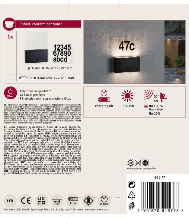 Produktbild Paulmann Solar Hausnummernleuchte (27 lm, IP44)