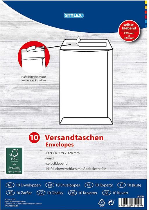 Image du produit Magni STYLEX 41199 Enveloppes d'expédition, C4, autocollantes, 100 g, 10 pièces, blanc (10 x)