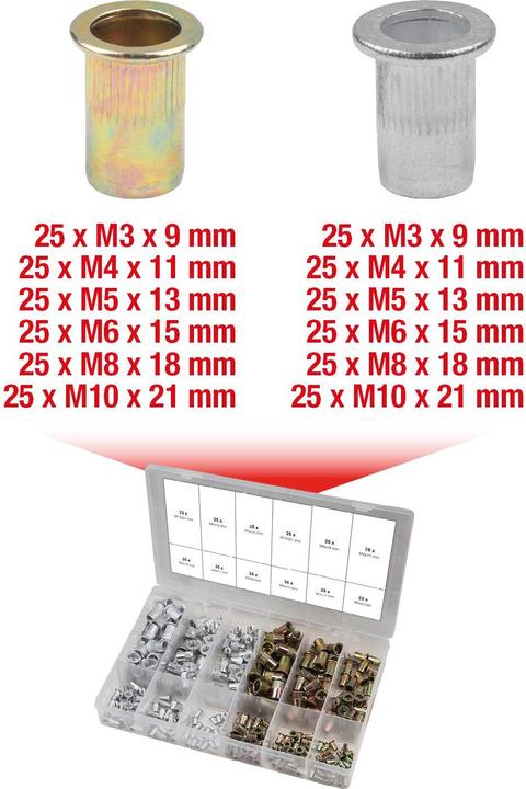 Produktbild KS Tools Sortiment Gewindenieten, Stahl und Aluminium, M3x9mm-M10x21mm, 300-tlg
