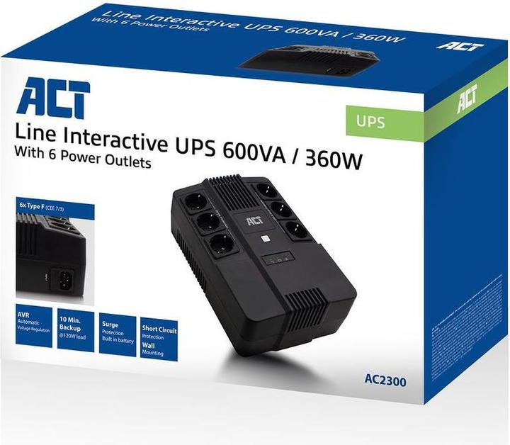 Actual product image UPS, 600 VA, 6x Type F outlet, 1x IEC C14 input, 230V, AVR (600 VA, 360 W, Line-interactive UPS)