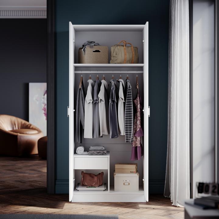 Produktbild SONNI Moderner 2-türiger grosser weisser Kleiderschrank, geräumig, mit Spiegelschrank, 76 cm (B) x 47 (76 x 47 x 47 cm)