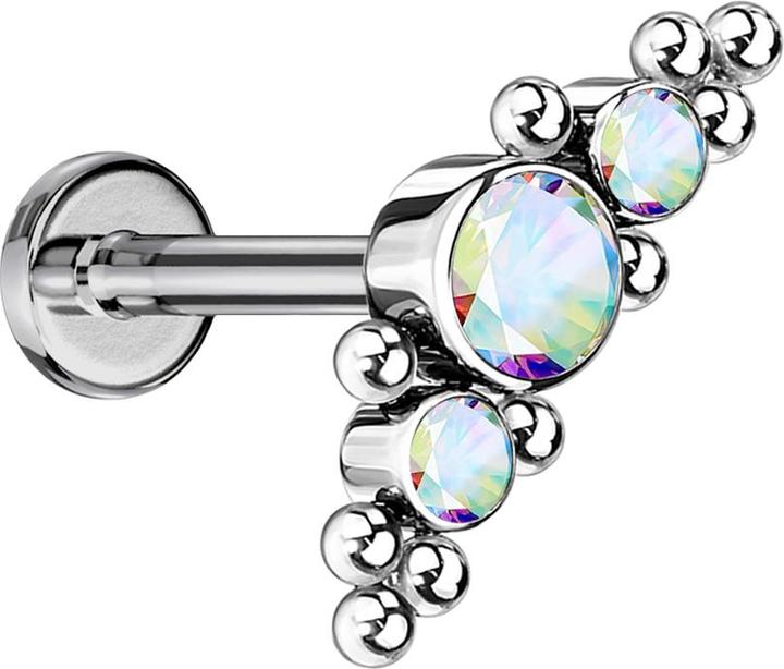 Image du produit Star Piercing Micro Threadless Labret argenté au centre avec des boules et trois cristaux multicolores (sans laiton, Titane G23)