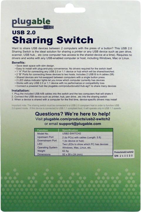 Produktbild Plugable USB 2.0 Port Sharing Switch (2 Ports)