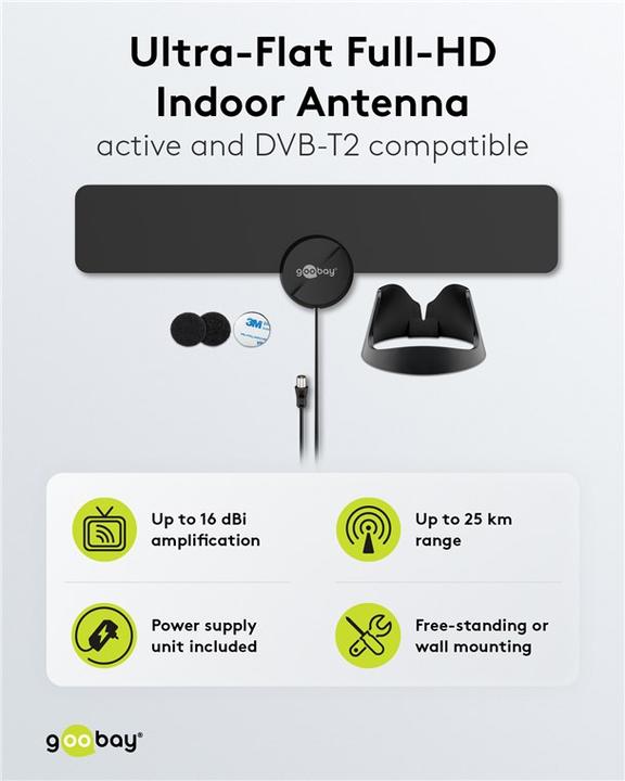 Produktbild Goobay Ultraflache Full HD DVB-T Zimmerantenne, inkl. LTE/4G Filter, Schwarz (Flachantenne, 16 dB, DVB-T / -T2)